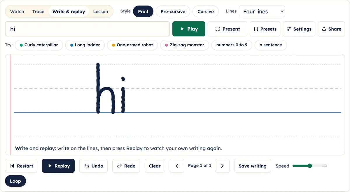 The word hi handwritten on four lines, with Replay, Undo, Redo, Clear and page buttons below