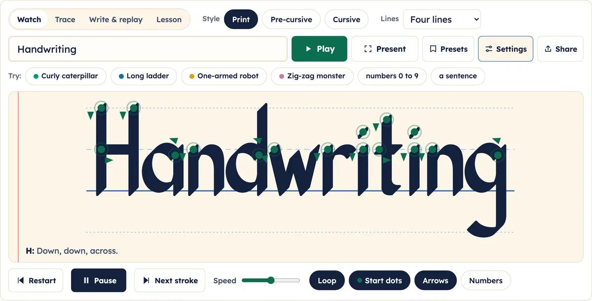 The word Handwriting drawn with a calligraphy nib on a cream page, thick on the diagonals and thin on the uprights