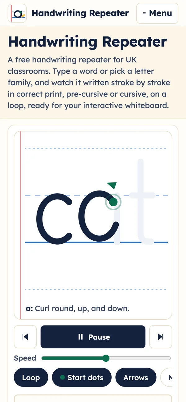 The repeater on a phone screen, with the word cat being written and large play buttons below